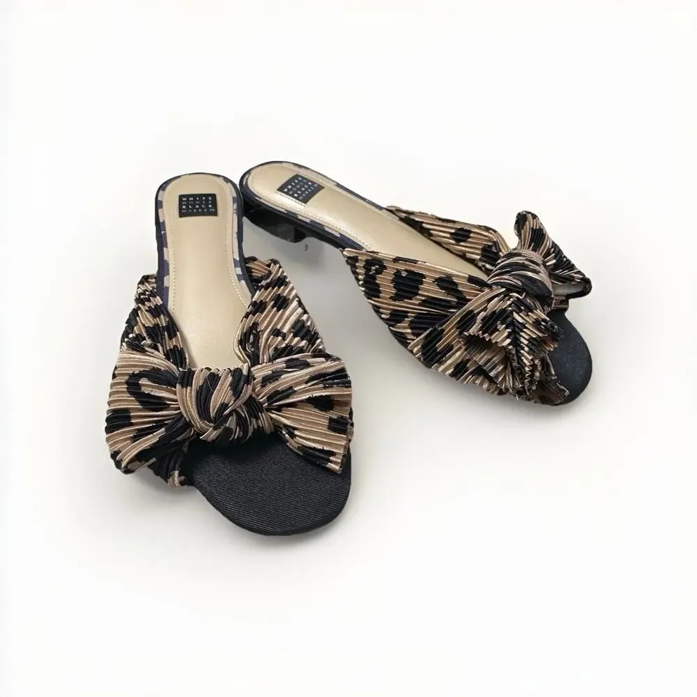 WHBM White House Black Market Bow Slide Sandals Womens 7M Leopard Print NEW